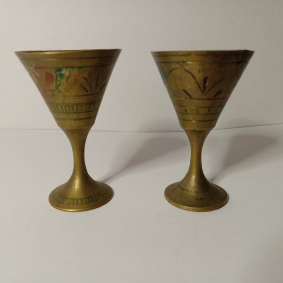Other - Set of 2 Vintage Etched Brass Goblet Chalice Cups 2.5 in